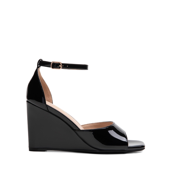 Square-Toe Buckle Strap Wedge Sandals - BLACK - 3